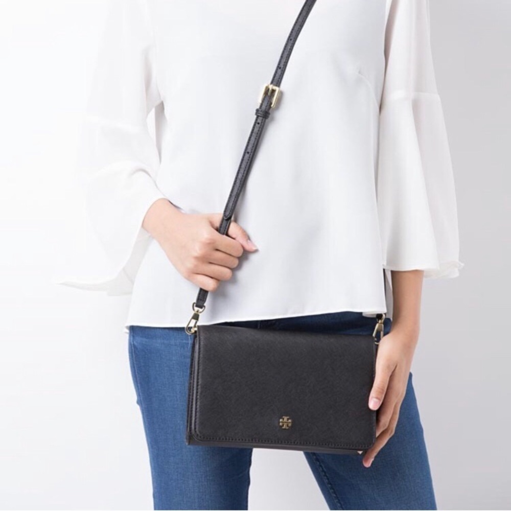 Tory Burch Emerson Saffiano leather crossbody.